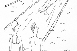 Cartoon of two swimmers watching a mermaid swimming laps